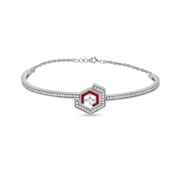 Hexagon Shape Round Natural Diamond With Red Enamel 14K White Gold Lobster Claw Clasp Women Bracelet