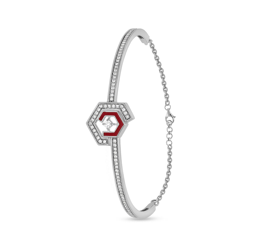 Hexagon Shape Red Enamel White Gold Lobster Claw Clasp Bracelet