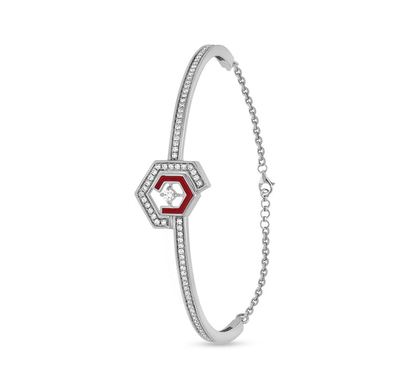 Hexagon Shape Round Natural Diamond With Red Enamel 14K White Gold Lobster Claw Clasp Women Bracelet