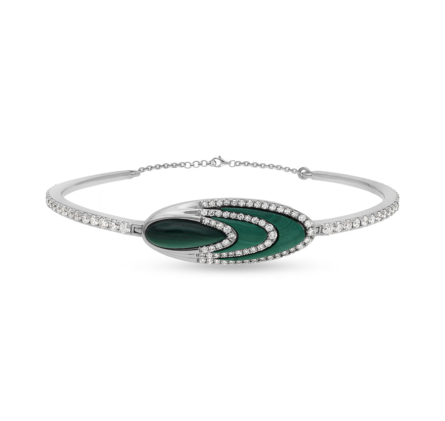 Round Natural Diamond With Green Oval Malachite 14K White Gold Lobster Claw Clasp Women Bracelet