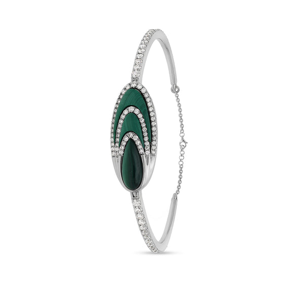 Round Natural Diamond With Green Oval Malachite 14K White Gold Lobster Claw Clasp Women Bracelet