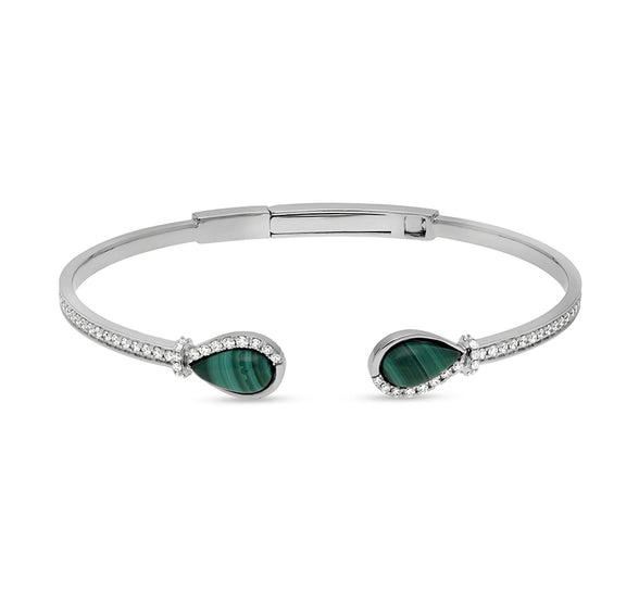 Pear Shape Green Malachite Diamond Push & Slide Clasp Women Bracelet