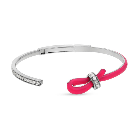 Ribbon Shape Round Natural Diamond With Pink Enamel 14K White Gold Leather Cord Clasp Open Cuff Women Bracelet