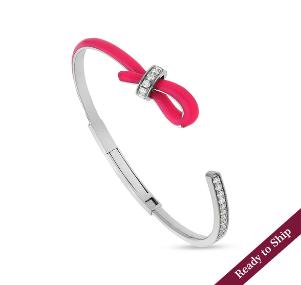 Pink Enamel White Gold Leather Cord Clasp Women Bracelet