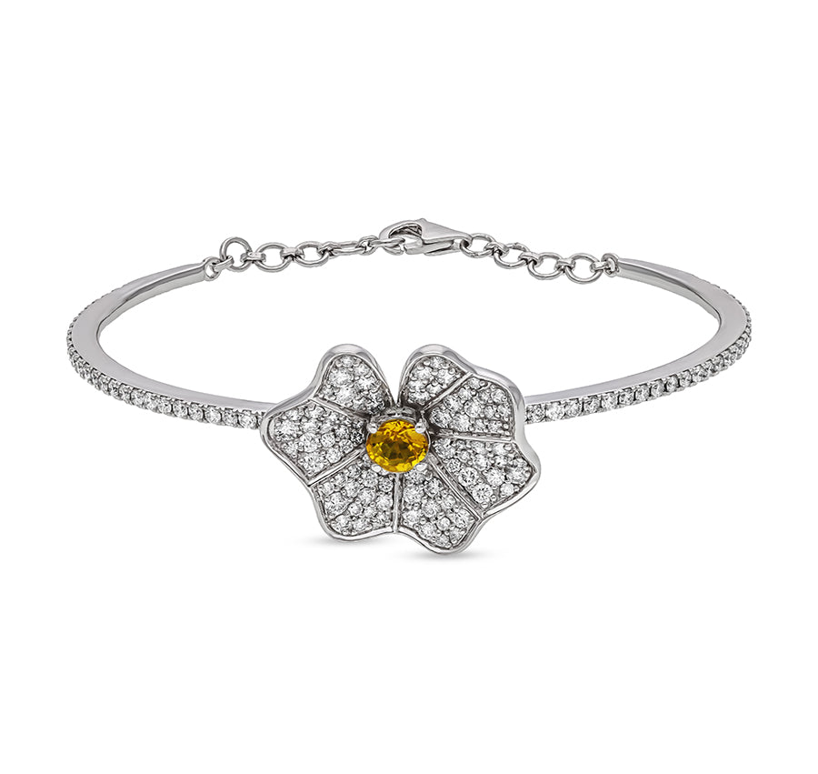 Floral Shape Yellow Sapphire With Round Diamond White Gold Lobster Clasp Bracelet