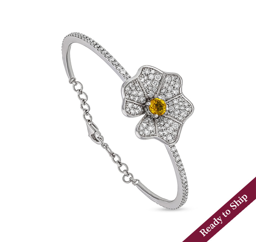 Floral Shape Yellow Sapphire With Round Diamond White Gold Lobster Clasp Bracelet