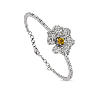 Floral Shape Yellow Sapphire With Round Diamond White Gold Lobster Clasp Bracelet