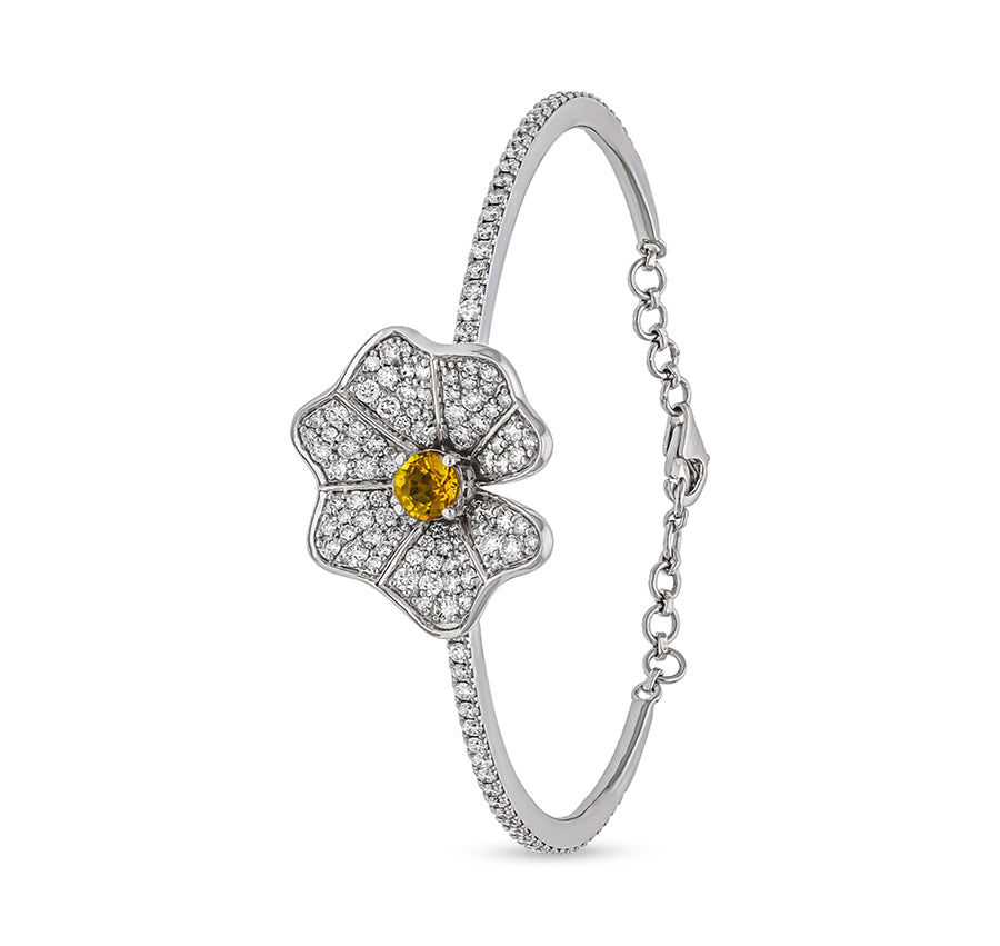 Floral Shape Yellow Sapphire With Round Diamond White Gold Lobster Clasp Bracelet