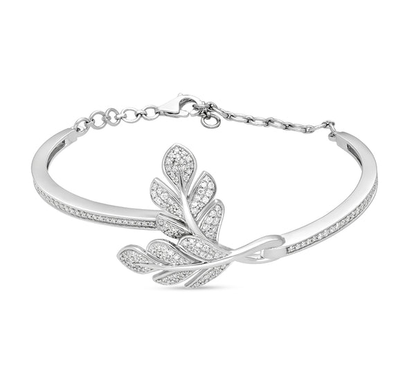 Two Leaf Round Natural Cut Diamond White Gold Lobster Clasp Twist Bracelet