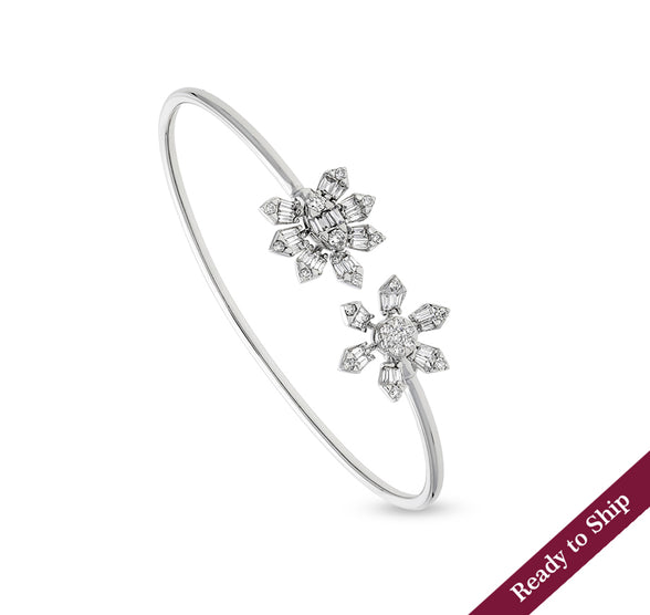 Daisy & Cosmos Floral Shape Fancy Diamond White Gold Cuff Bracelet