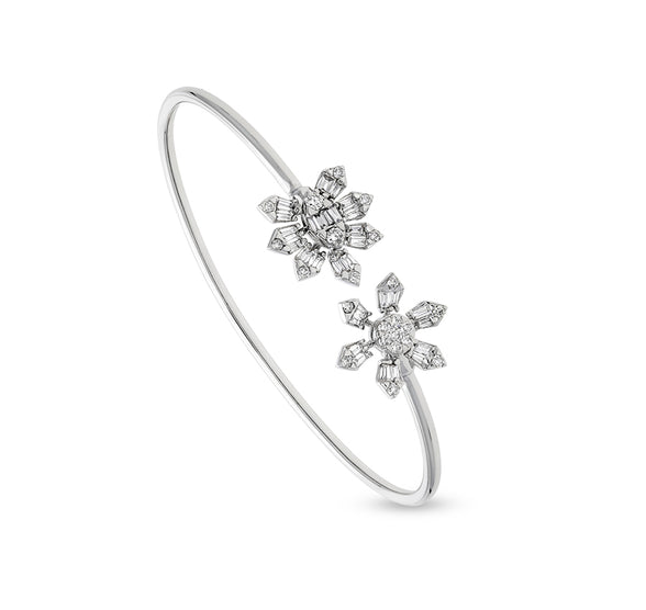 Daisy & Cosmos Floral Shape Round Natural Diamond 18K White Gold Open Cuff Women Bracelet