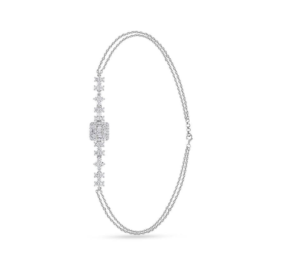 Natural Diamond with Baguette Cut Diamond and Prong Set White Gold Double Chain Lobster Clasp Bracelet