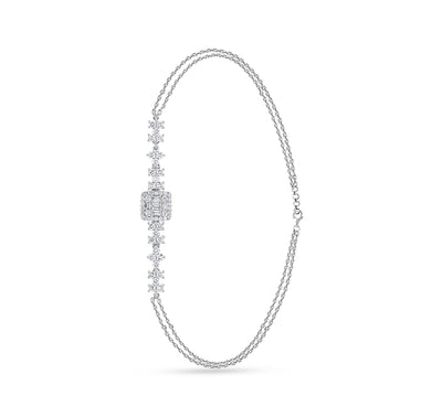 Natural Diamond with Baguette Cut Diamond and Prong Set White Gold Double Chain Lobster Clasp Bracelet