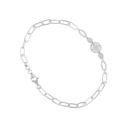 Round Natural Diamond White Gold Paperclip Chain lobster Clasp Bracelet