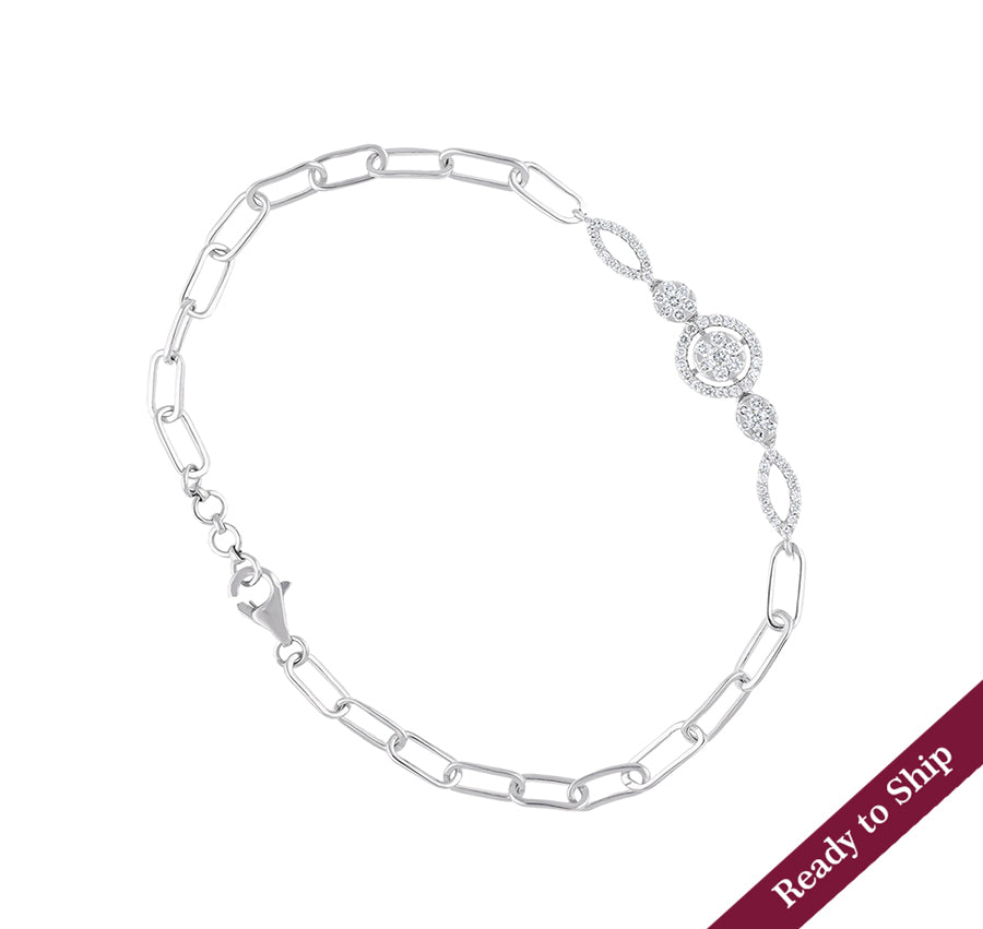 Round Natural Diamond White Gold Paperclip Chain lobster Clasp Bracelet