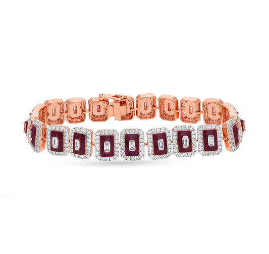 Octagon Shape Round Natural and Baguette Cut Diamond With Maroon Enamel 14K Rose Gold Box Clasp Women Bracelet