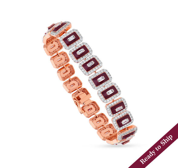 Octagon Shape Maroon Enamel With Center Baguette Natural and Round Cut Diamond Rose Gold Box Clasp Bracelet