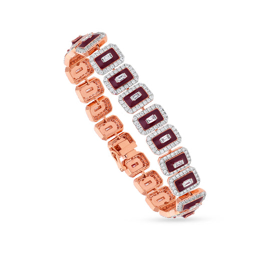 Octagon Shape Maroon Enamel With Center Baguette Natural and Round Cut Diamond Rose Gold Box Clasp Bracelet