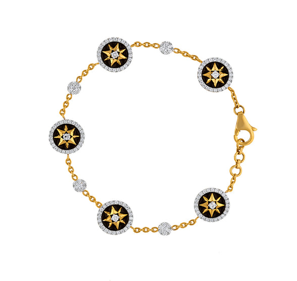 Sunrise Shape And Black Enamel Round Cut Natural Diamond With Prong Setting Yellow Gold Lobster Clasp Bracelet