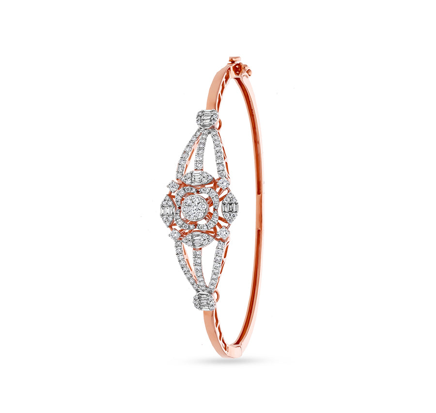 Floral-Burst Design Baguette cut With Round Natural Diamond 18K Rose Gold Box Clasp Women Bracelet