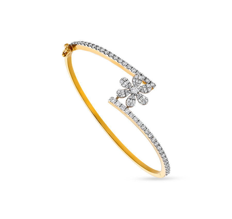 Flower Shape Baguette Cut with Round Natural Diamond and Channel Set Yellow Gold Box Clasp Bracelet