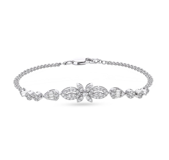 Floral Design Round Natural Diamond with Baguette Cut Diamond and Prong Set 18K White Gold Lobster Clasp Women Bracelet