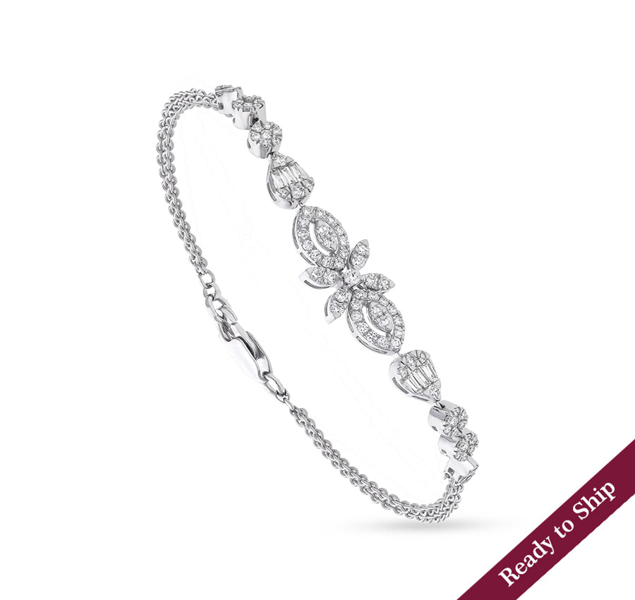 Floral Design Natural Diamond with Baguette Cut Diamond and Prong Set White Gold Lobster Clasp Bracelet