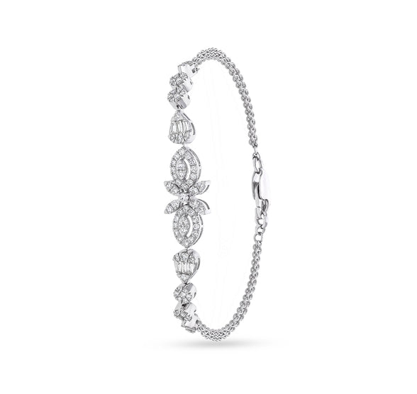 Floral Design Round Natural Diamond with Baguette Cut Diamond and Prong Set 18K White Gold Lobster Clasp Women Bracelet