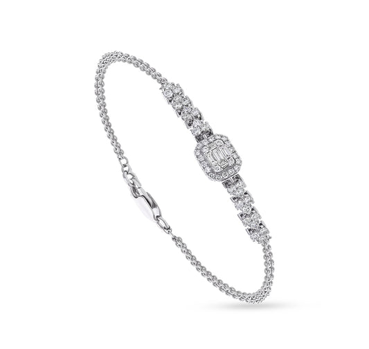 Round Natural and Baguette Cut Diamond 18K White Gold Dual Rolo Chain Lobster Clasp Women Bracelet