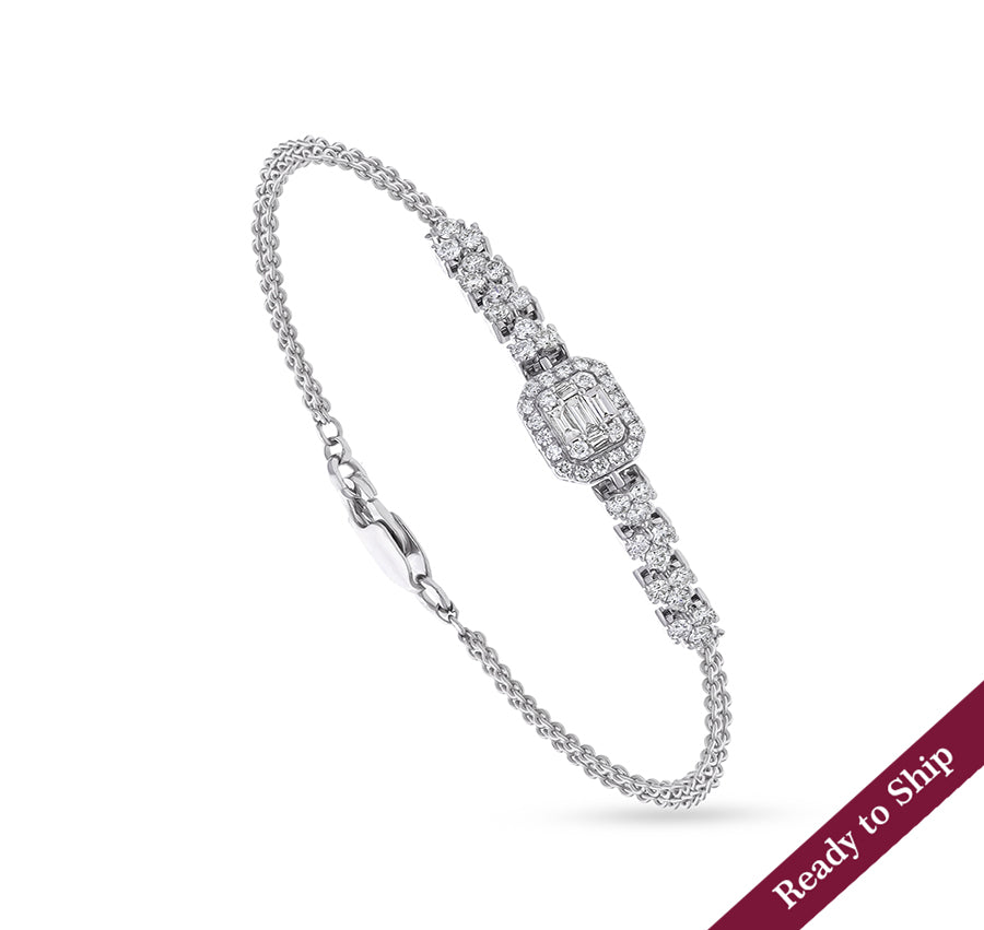 Natural Diamond with Baguette Cut Diamond and Prong Set White Gold Lobster Clasp Dual Chain Bracelet
