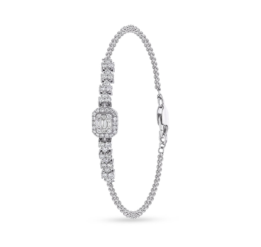 Natural Diamond with Baguette Cut Diamond and Prong Set White Gold Lobster Clasp Dual Chain Bracelet