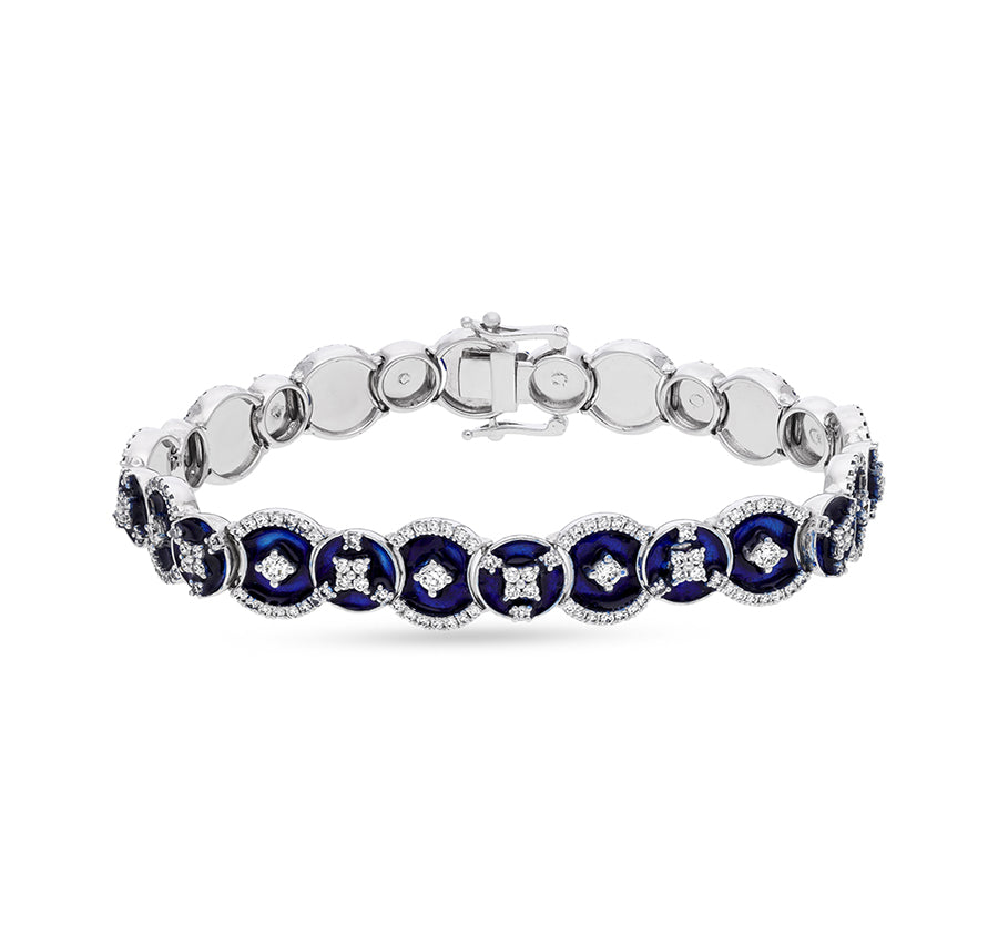 Blue Enamel With Round Natural Diamond White Gold Box Clasp Bracelet