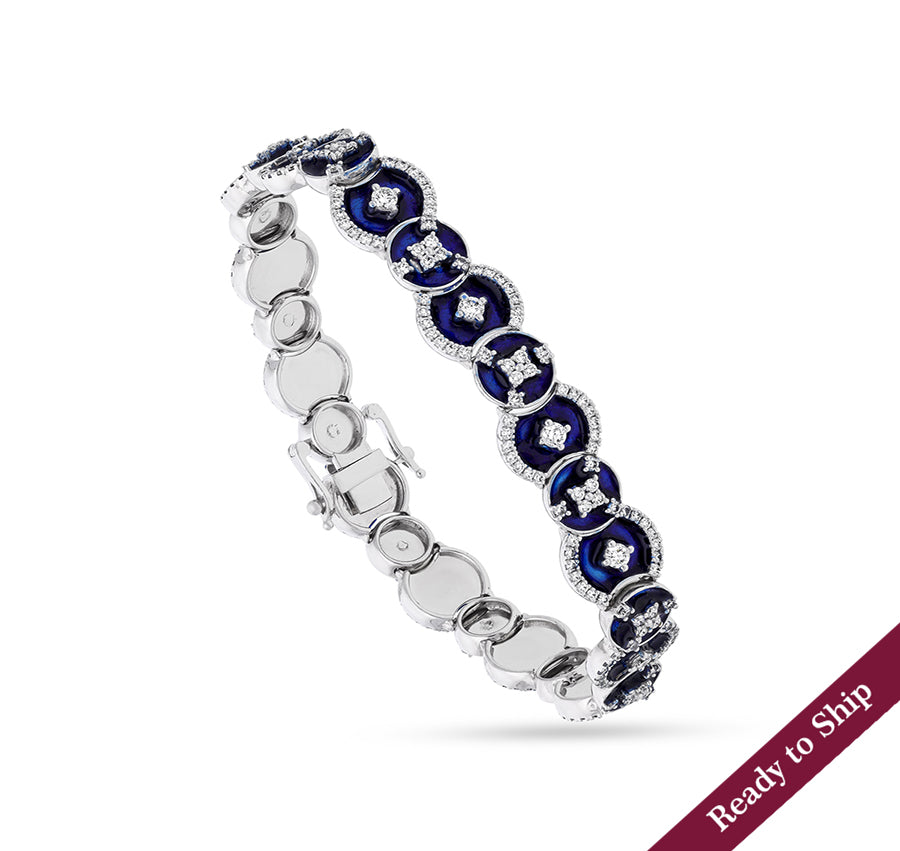 Blue Enamel With Round Natural Diamond White Gold Box Clasp Bracelet