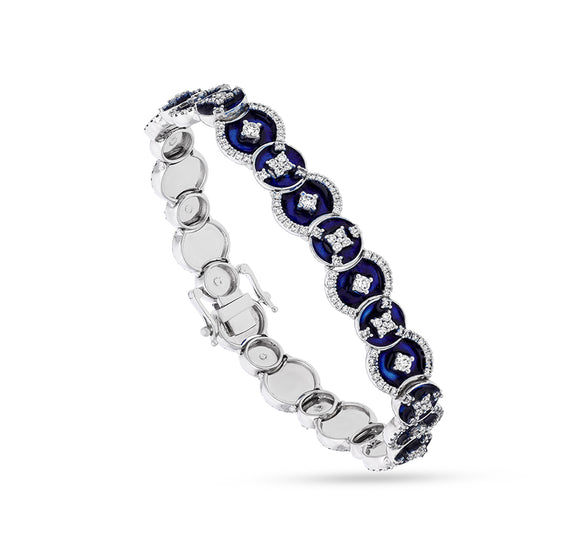 Blue Enamel With Round Natural Diamond White Gold Box Clasp Bracelet