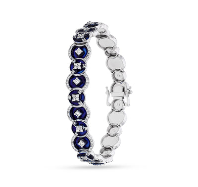 Blue Enamel With Round Natural Diamond White Gold Box Clasp Bracelet