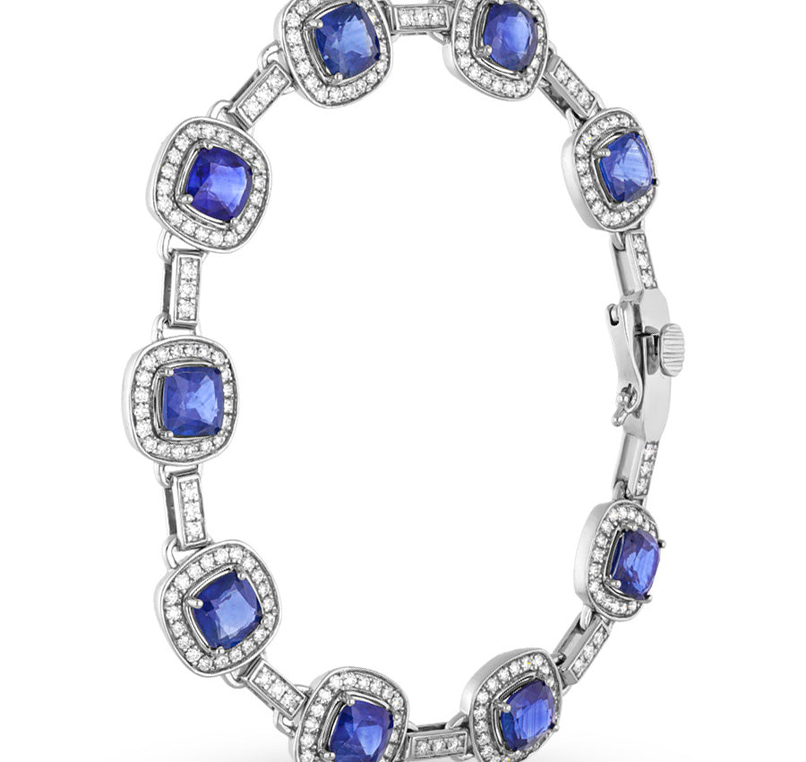 Cushion Shape Blue Sapphire White Gold Women Bracelet