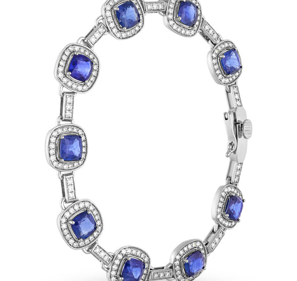 Cushion Shape Blue Sapphire White Gold Women Bracelet