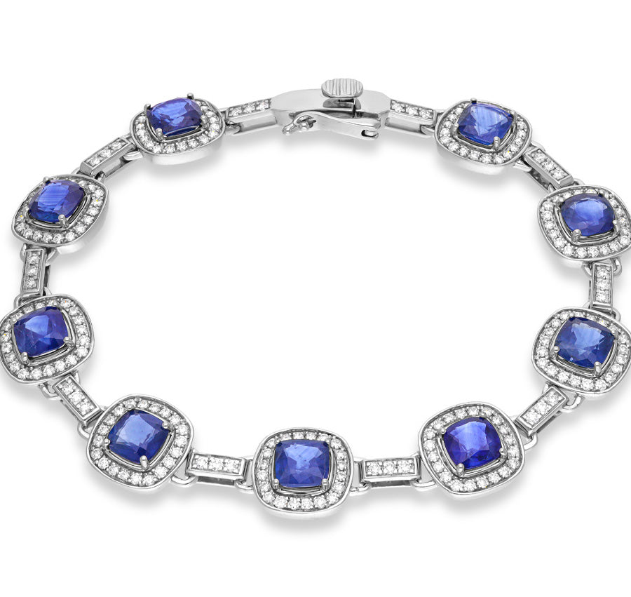 Cushion Shape Blue Sapphire White Gold Women Bracelet