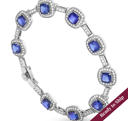 Cushion Shape Blue Sapphire White Gold Women Bracelet