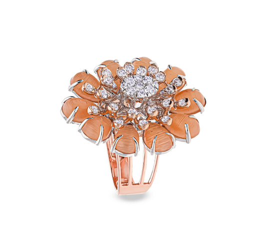 Flower Shape Orange Pear Cut Stone Round Natural Diamond Rose Gold Cocktail Ring