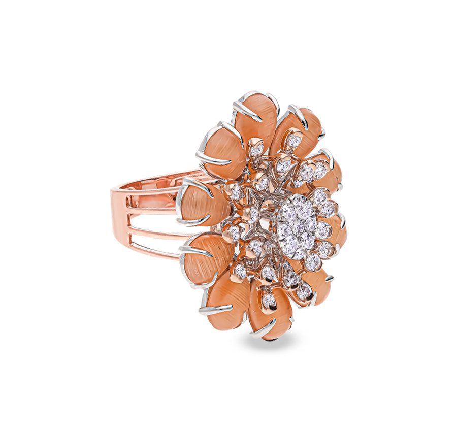 Flower Shape Orange Pear Cut Stone Round Natural Diamond Rose Gold Cocktail Ring