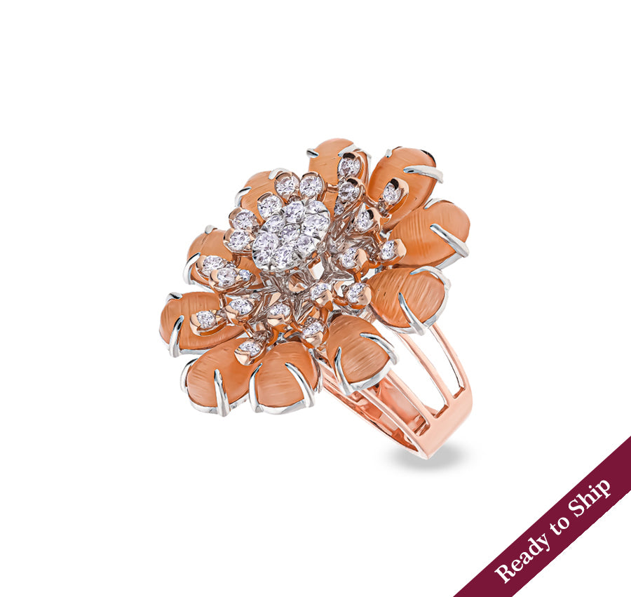 Flower Shape Orange Pear Cut Stone Round Natural Diamond Rose Gold Cocktail Ring