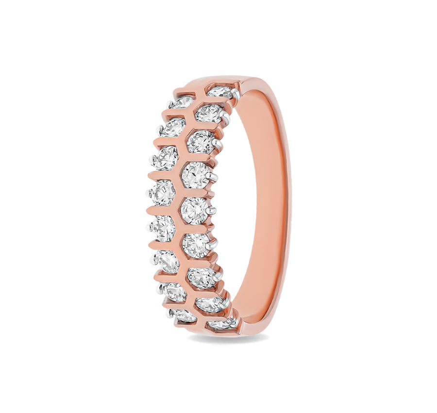 Round Shape Natural Diamond With Bar Set Rose Gold Band