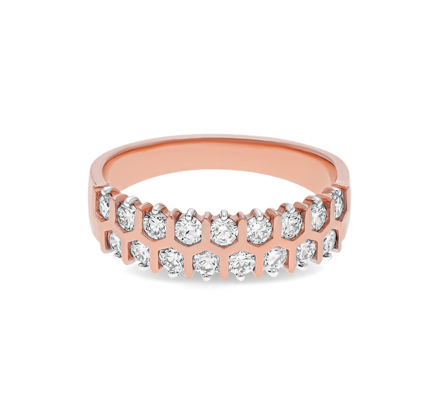 Round Shape Natural Diamond With Bar Set Rose Gold Band