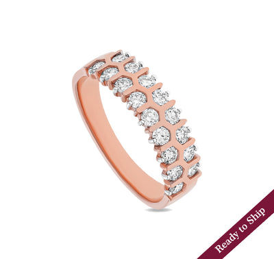 Round Shape Natural Diamond With Bar Set Rose Gold Band