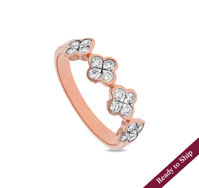 Four Flowers Round Natural Diamond With Bezel Setting Rose Gold Casual Ring