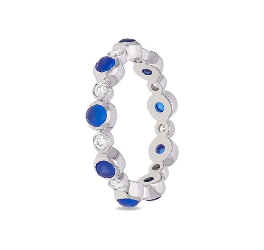 Round Blue Stone With Bezel Set Diamond White Gold Band