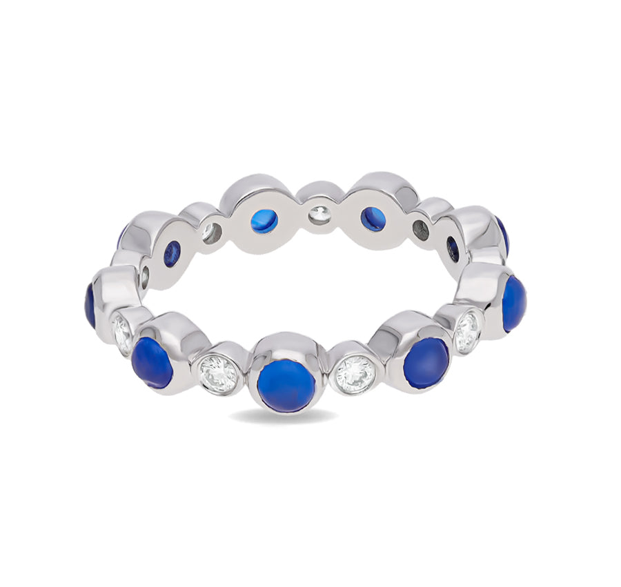 Round Blue Stone With Bezel Set Diamond White Gold Band