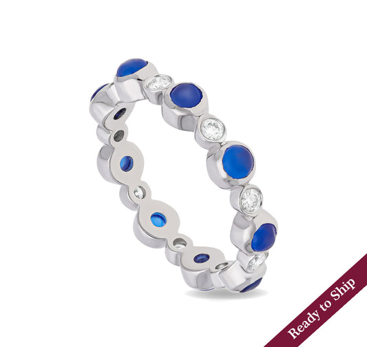 Round Blue Stone With Bezel Set Diamond White Gold Band