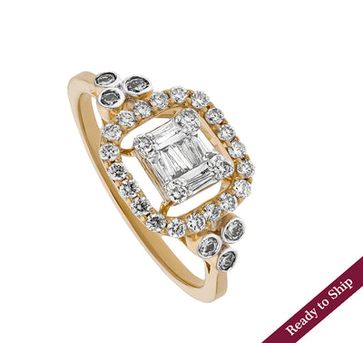 Cushion Shape Round Natural and Baguette Cut Diamond With Prong And Bezel Set Yellow Gold Casual Ring